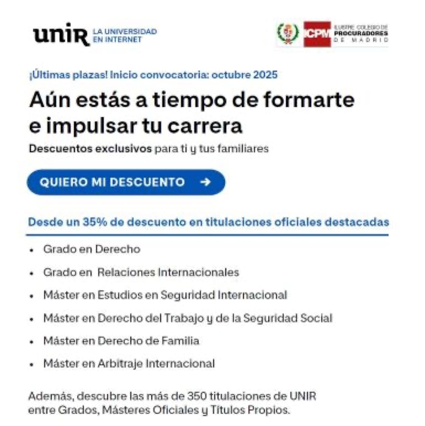 Imagen del artículo UNIR Universidad: últimas plazas convocatoria octubre 2025 sobre Madrid