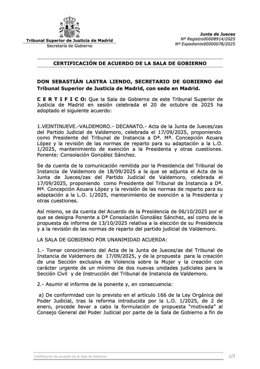 Imagen del artículo VALDEMORO: Acuerdo de Sala de Gobierno TSJM sobre Madrid