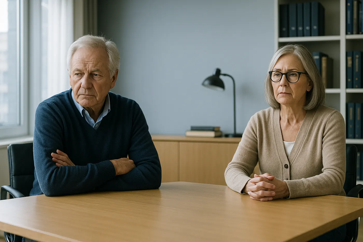 Pareja mayor conversando con una mediadora en Madrid