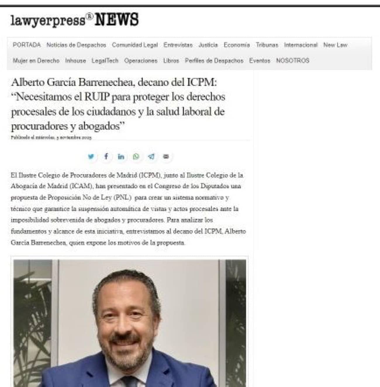 Imagen del artículo Entrevista al decano, Alberto N. García Barrenechea, en el diario jurídico Lawyerpress News sobre Madrid